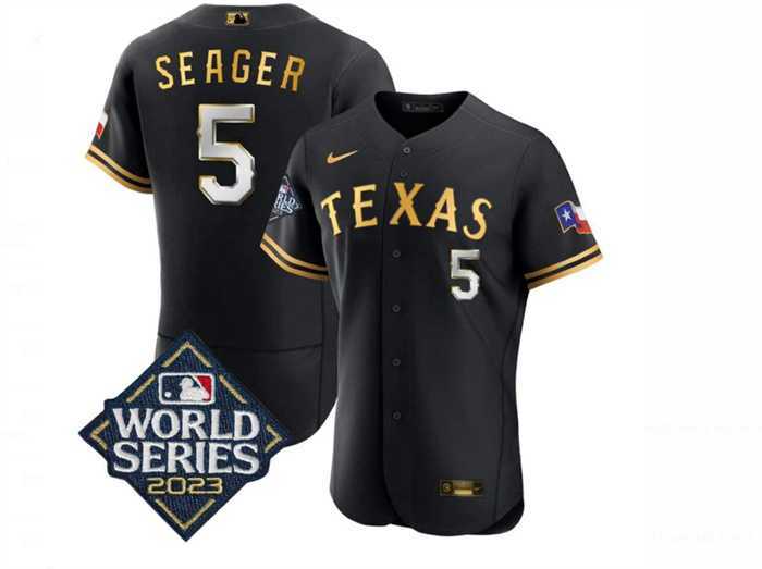 Mens Texas Rangers #5 Corey Seager Black Gold 2023 World Series Flex Base Stitched Baseball Jersey Dzhi->texas rangers->MLB Jersey